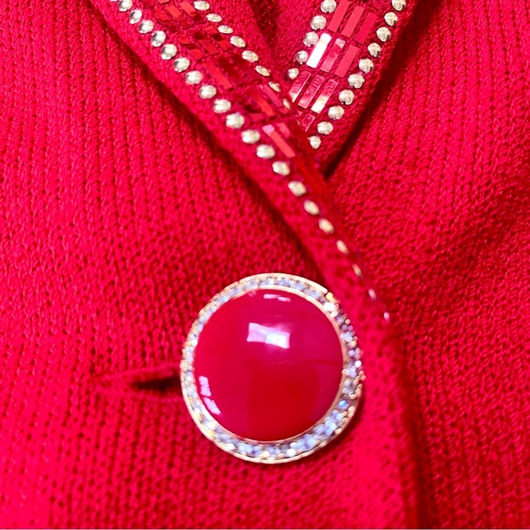 St.John Elegant Embellished Knit Cardigan Jacket In Bright Strawberry Red Color - Picture 6 of 13